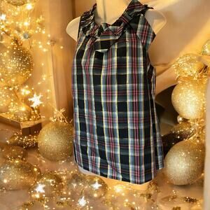 Talbots Sleeveless Holiday Shell Women's Top Ruffle w/ Bow Neck Celebrate Plaid